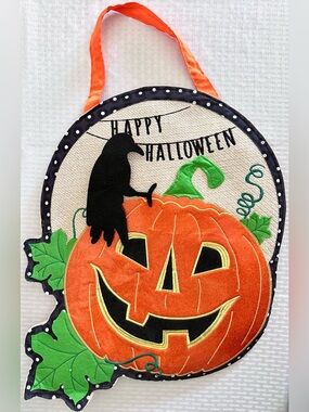 Evergreen Happy Halloween Jack O Lantern Pumpkin Crow Door Hanger Wall Decor
